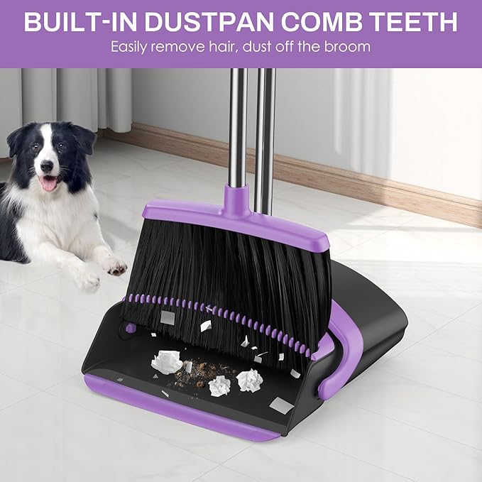 Broom and Dustpan Set for Home, 51-in Long Adjustable Handle Angle Broom and Dustpan Combo Set with Dust Pan Teeth to Clean Hair for Home Kitchen Office Lobby Floor Garden (Black&Purple)