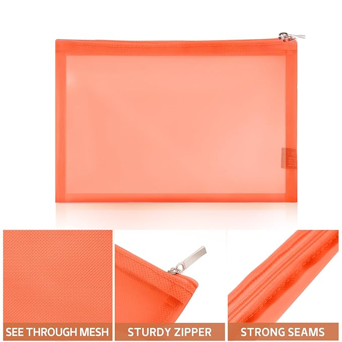 EASYFUN Mesh Pouch, Makeup Bag with Zipper Cosmetic Organizer Pouch for Daily or Travel to Keep Small Items, 4 PCS Orange