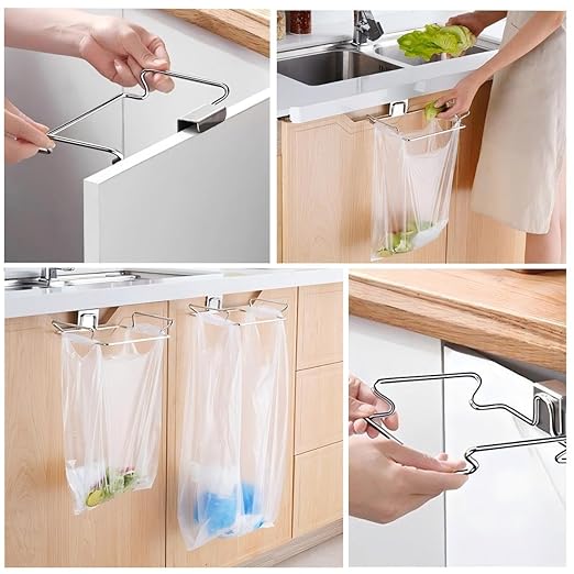 Metal Trash Bag Holder for Kitchen,Office,Dorm Room,Hanging Trash Can, Under Cabinet Hanger Rack,Space Saving Garbage Hook,Bag Holder for Plastic Bags (Silvery, 9.3 * 5.9'')