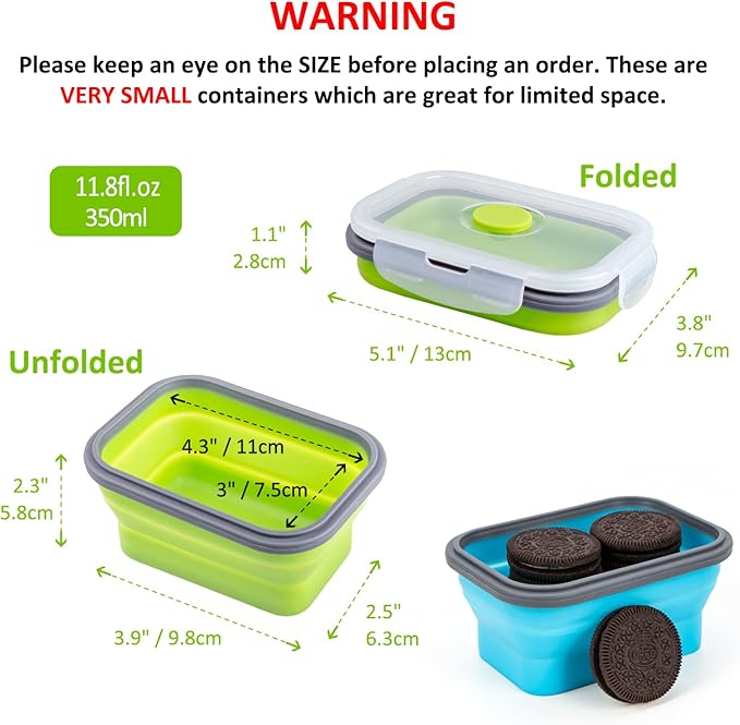 Collapsible Food Storage Containers with Airtight Lids, 11.8 oz, Small Kitchen Stacking Silicone Collapsible Meal Prep Container Set for Leftovers, Microwave Freezer Dishwasher Safe, 4 Colors, Set of 4