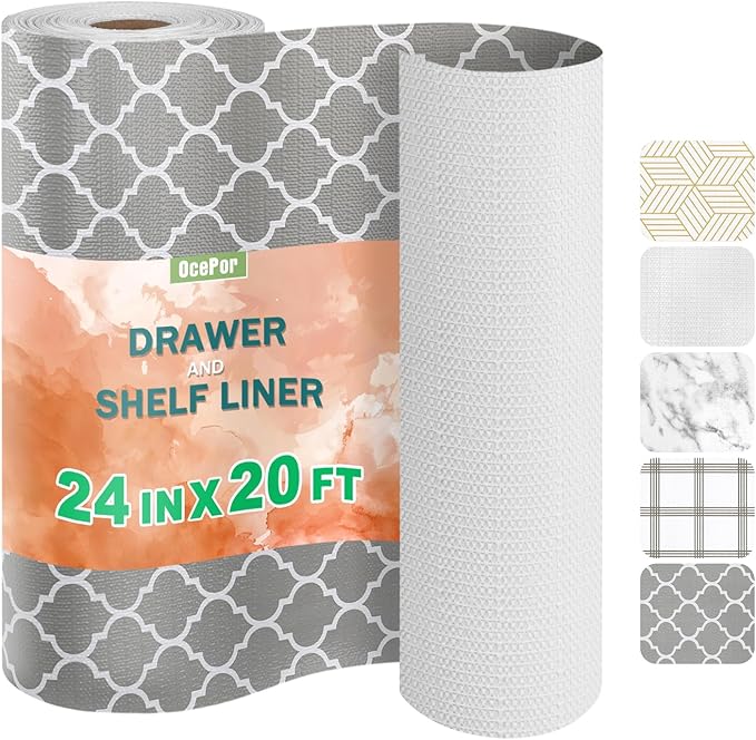 OcePor Non-Adhesive Drawer and Shelf Liner 24IN x 20FT，Non Slip Cabinet and Cupboard Liner, Kitchen Cabinet Liners for Shelves, Waterproof Drawer Shelf Liners for Cabinets/Bathroom Cupboard