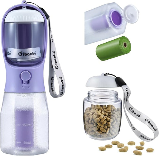 Dog Water Bottle with Food Container & Poop Bag Holder, Travel Water Bowl, Portable Pet Dispenser, Dog Gifts Stuff Accessories Items, Puppy Essentials for Yorkie Chihuahua Walking Hiking