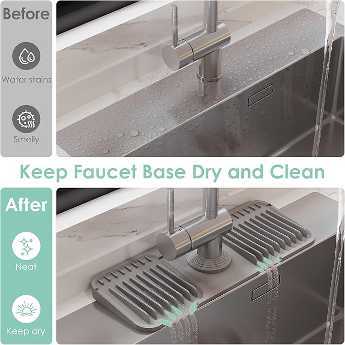 14.6 Inch Silicone Faucet Mat for Kitchen Sink Splash Guard - 7° Slope Water Draining Mat With Fasten Button for Bathroom Area (Gray, 14.6''x5.5'')