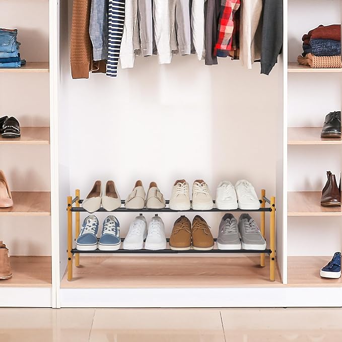 STORAGE MANIAC Expandable Shoe Rack, 8 Pairs Stackable Small Shoe Rack, Metal Adjustable Shoes Organizer for Closet, Entryway, Hallway, Garage, Front Door, Shoe Shelves, Bamboo 2 Tier