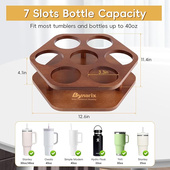 Water Bottle Organizer for Stanley 40 oz Tumbler, 7 Slots Rotatable Stanley Cup Organizer for Kitchen Cabinets, Wood Tumbler Organizer Holder for Stanley Cup Accessories Brown