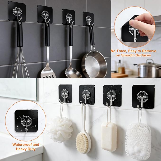 DDMY Heavy Duty Hooks Self Adhesive Hooks New Black Sticky for Hanging 100 Pack Waterproof Wall and Ceiling Hooks with Reusable Adhesive for Shower, Kitchen, Picture Hanging, Decorations, RV, No Damage