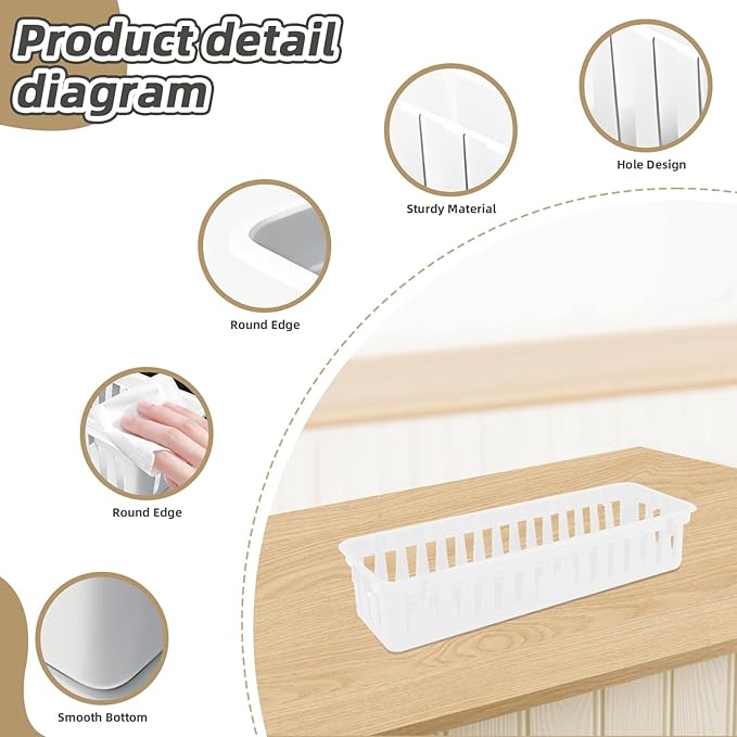 12 Pack White Slim Plastic Storage Baskets, Small Stackable Drawer Organizer Trays for Classroom, Desk, Vanity, Bedroom, Bathroom, Kitchen and Garage