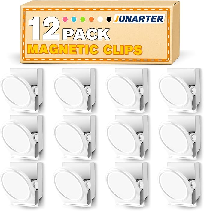 12 Pack Magnetic Clips Heavy Duty, White Magnet Clips for Fridge, Refrigerator Magnets, Strong Magnetic Clip, Scratch Free Magnets with Clip for Whiteboard, Refrigerator, Cruise, Locker