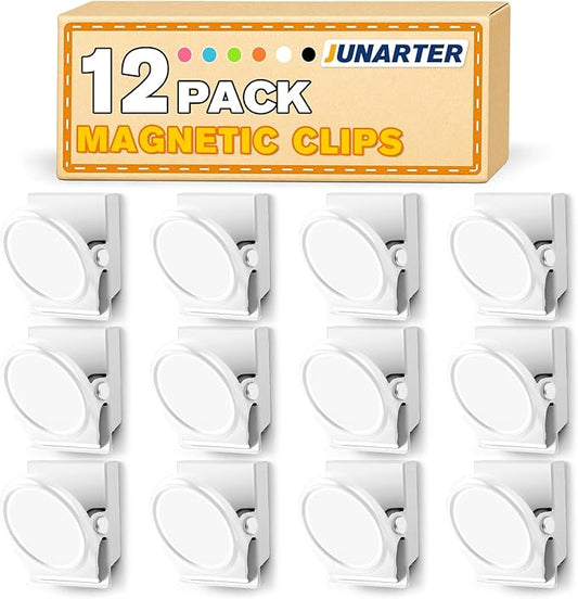 12 Pack Magnetic Clips Heavy Duty, White Magnet Clips for Fridge, Refrigerator Magnets, Strong Magnetic Clip, Scratch Free Magnets with Clip for Whiteboard, Refrigerator, Cruise, Locker