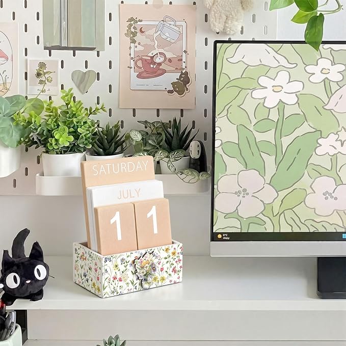Wildflower Wood Block Perpetual Calendar Coquettish Farmhouse Desk Decor Cute Watercolor Wildflower Month Week Date Display Decorative Block Calendar Office Home Desk Gift for Women