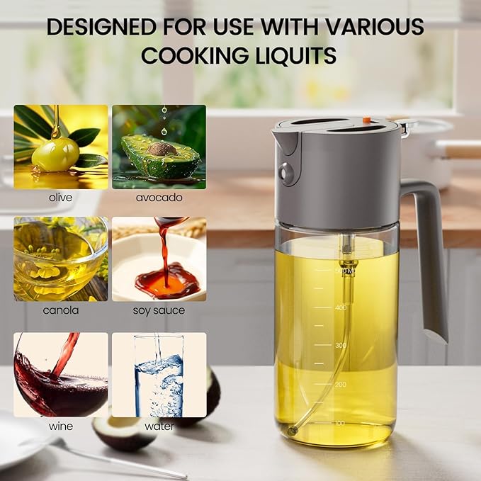 2 in 1 500ml/17oz Oil Sprayer for Cooking, 2026 Large Advanced Glass Olive Oil Dispenser Bottle w/stickers, Even Spray with Portion Control for Kitchen, Air Fryer, Salad, BBQ - Grey