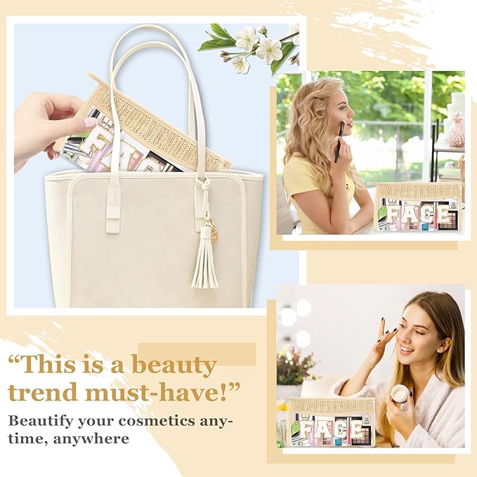 Boho Clear Makeup Letter Patch Makeup Bag FACE Pouch, Clear Toiletry Bag Travel Small Cute Preppy Chenille Letter Cosmetic Zipper Pouch Purse, Transparent Waterproof Makeup Clutch Bag for Women(FACE)