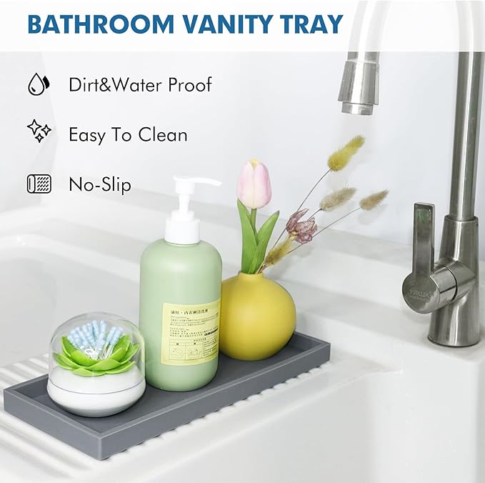 Bloss Silicone Counter Tray Set for Bathroom/Kitchen - 7.9" Bathroom Soap Dispenser Tray and Soap Holder, Silicone Vanity Trays Countertop Organizer for Scrubber, Perfume, Jewelry, Candle