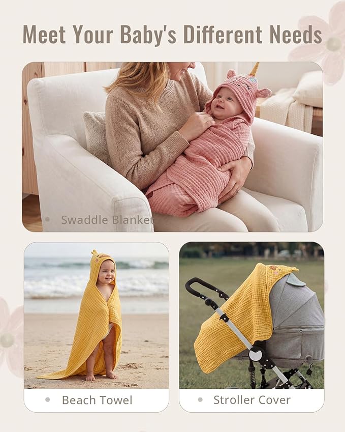 Blissful Diary Muslin Baby Hooded Towel 2 Pack, Soft & Absorbent Bath Towel for Infant, Toddler, Unisex, Baby Gift, Newborn Essentials, Sunny Duck & Dreamy Unicorn