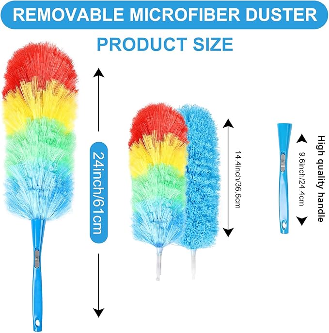 iHUFeather Rainbow Static Duster 24inch Reusable Microfiber Electrostatic Dusters with 2 Beandable and Washable Duster Head for Cleaning Home, Office, Car
