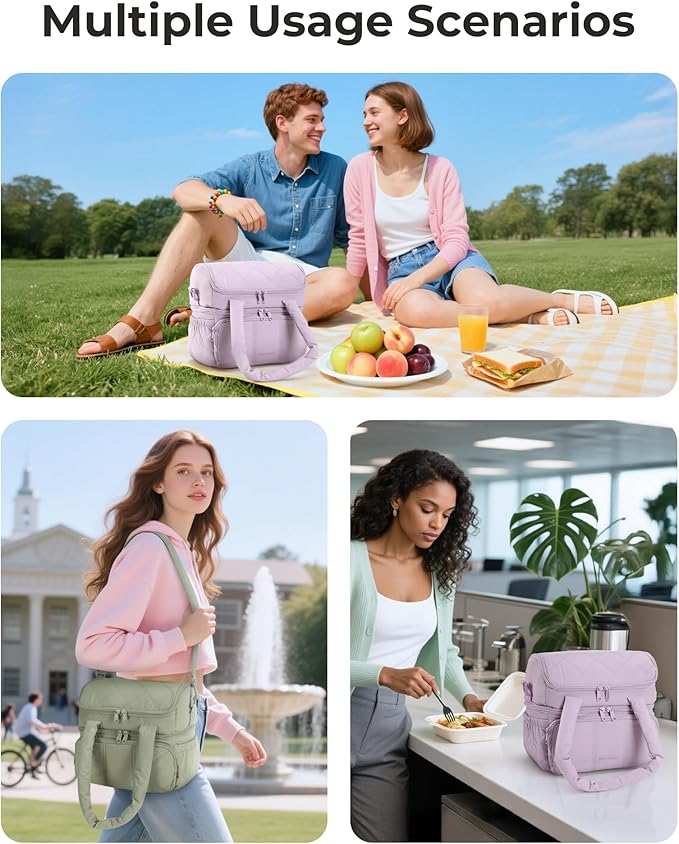 BAGSMART Lunch Bag Women, Double Deck Insulated Lunch Box, Quilted Puffer Lunch Tote, Leakproof, Durable & Reusable Large Lunch Cooler For Work Picnic Travel Meal Prep, Lavender Purple