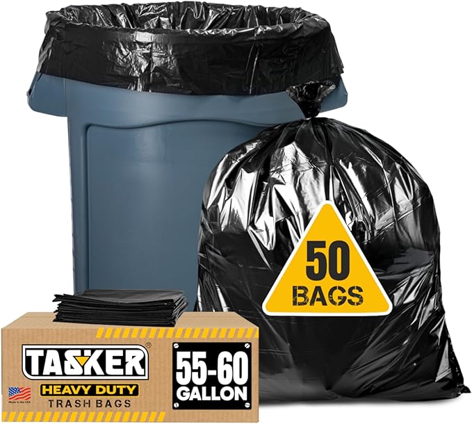 Tasker 55 Gallon Trash Bags | Value 50 Trash Bags w/Ties | Heavy Duty Extra Large Industrial Trash Bags 55 Gallon, Lawn and Leaf Bags, Extra Large Outdoor Contractor Trash Can Liners, 50-60 Gallon