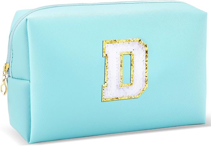 Gifts for Girls Initial Makeup Bag Personalized Cosmetic Bag with Zipper Cute Travel Toiletry Bag Waterproof PU Preppy Makeup Pouch Birthday Gift for Teen Girls Women(Blue D)