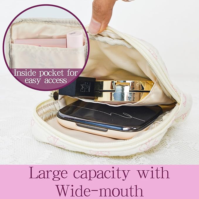 Small Floral Quilted Makeup Bag, Coquette Aesthetic Travel Toiletry Organizer for Women, Lightweight Cotton Cosmetic Pouch