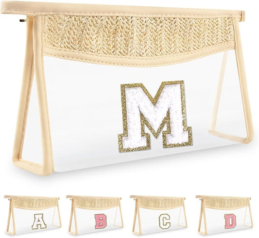 Personalized Initial Letter Bag Boho Straw Clear Makeup Bag, Small Cute Chenille Varsity Letter Bag With Zipper, Beach Travel Toiletry Bag, Portable Monogrammed Cosmetic Bag for Women Girls, M