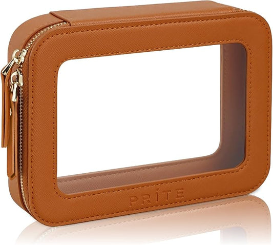 Prite Clear Makeup Bag Cosmetic Organizer Case Waterproof Travel Toiletry Bag Skincare Pouch with Golden Zipper (Brown)