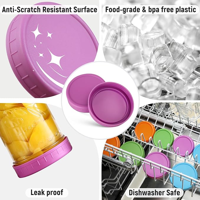 10 Pack Plastic Wide Mouth Mason Jar Lids for Ball, Kerr and More - Multicolor Storage Caps for Mason Jars, Canning Jars - Leak-Proof, Dishwasher Safe & Food Grade
