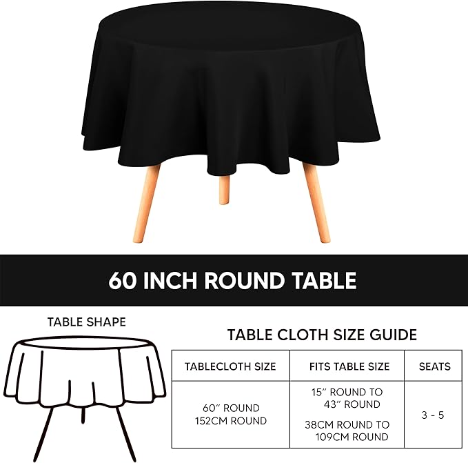Utopia Kitchen Round Tablecloth 2 Pack (60 Inches, Black), Machine Washable Polyester Table Cover for Dining, Buffet Parties, Picnics, Events, Weddings and Restaurants