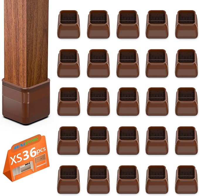 36pcs Square Chair Leg Floor Protectors, Felt Pads Chair Leg Protectors for Hardwood Floors, Silicone Furniture Feet Cups Covers Felt Pads, Prevents Scratches & Reduce Noise, Brown, X-Small