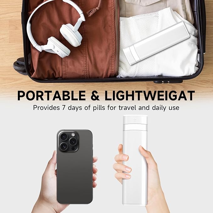 Betife Travel Pill Organizer Weekly 7 Day, Compact Daily Pill Box, Portable Medicine Case, Cute Pill Holder for Vitamins Supplements, Drawer-Shaped Pills Organizer (Pearl White)