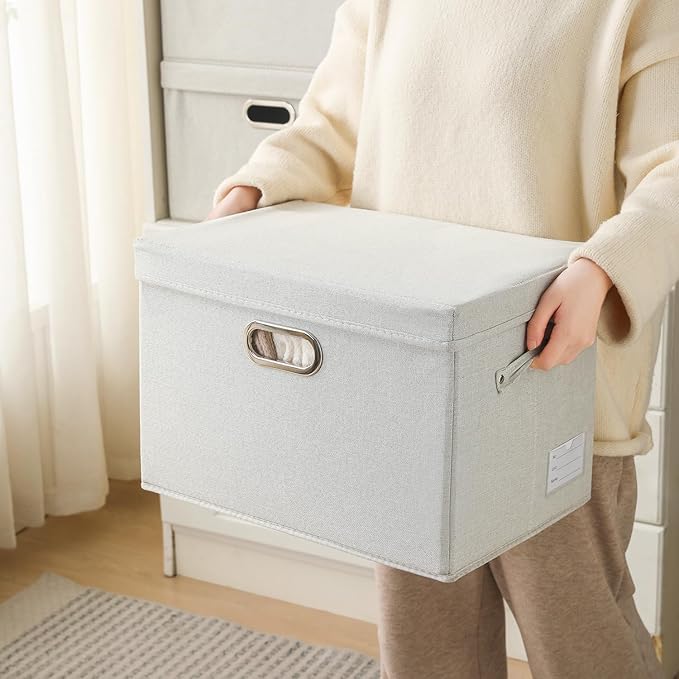PRANDOM Large Collapsible Storage Bins with Lids [3-Pack] Fabric Foldable Storage Boxes Organizer Containers Baskets Cube with Cover for Home Bedroom Closet Office Beige (17.3x11.8x11.8)