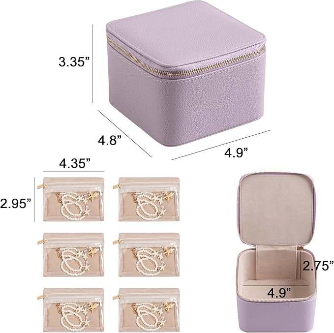 Frebeauty Small Travel Jewelry Box,Travel Jewelry Case with 6 Pouch Bags,Portable Travel Jewelry Organizer,Mini Jewelry Storage,3.35 x 4.9 x 4.8 Inches,Gift Idea for Women Girls (Purple)