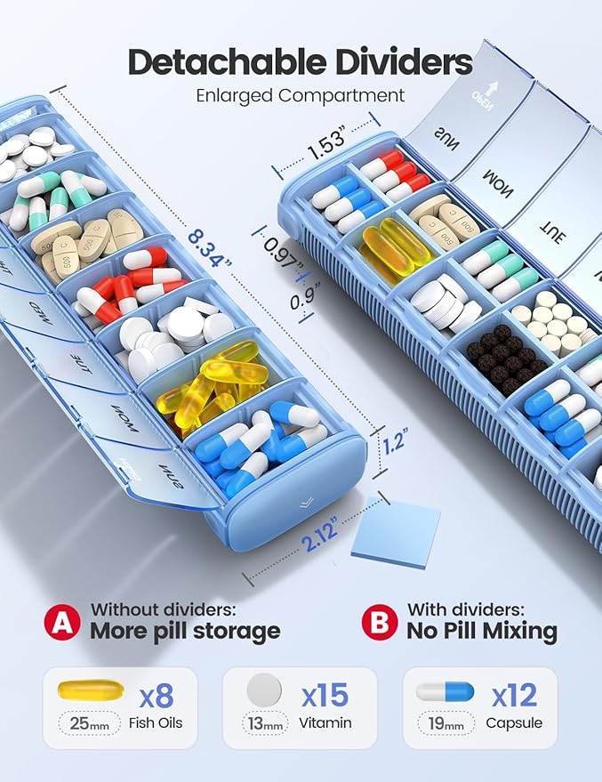 VAYDEER Metal Weekly Pill Organizer – Moisture-Proof Travel Pill Organizer with Built-in Desiccant Chamber and Airtight Lids – Large-Capacity Pill Box for Vitamins, Medicines & Supplements (Rose Gold)