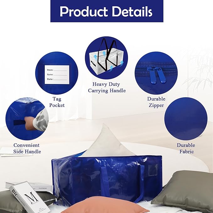 6 Pack Heavy Duty Extra Large Moving Bags with Handles, Waterproof Foldable Storage Totes, Clothing Storage Bags, Packing Moving Boxes for College Supplies & Seasonal Storage, Blue