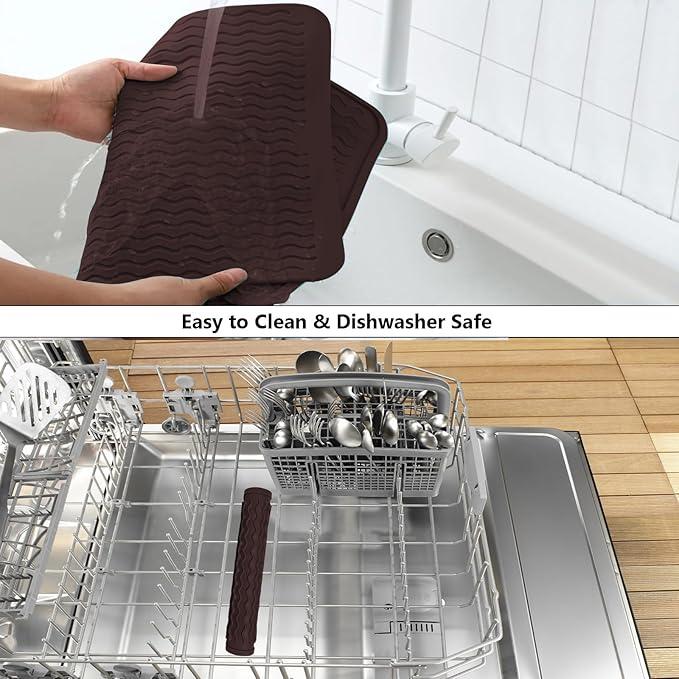 ZLR Silicone Dish Drying Mat for Kitchen Counter, Eco-Friendly Fast Dry Dish Mat, Easy Clean Multi Usage Drying Matt, Heat Resistant Trivet, 12" x 12" Middle, Coffee