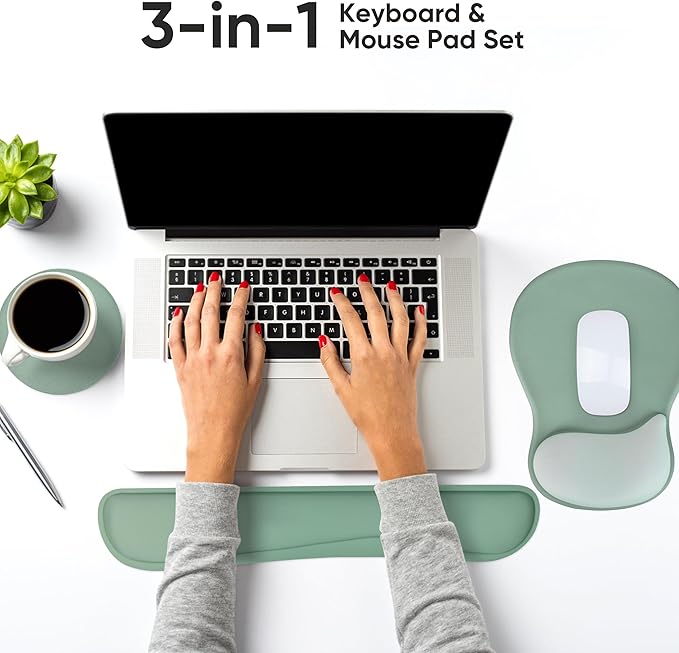 WINTOJO Wrist Rest Support for Mouse Pad Keyboard Set, Circle Coaster, Gaming Mouse Pad, Ergonomic Gel Memory Foam Set for Computer, Laptop, Office, Pain Relief, Comfortably Typing, Pure Green, KM-34