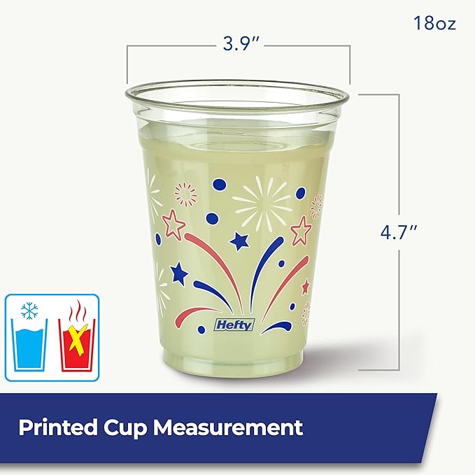 Hefty Party On Disposable Plastic Party Cups, 76 Count, 16 Oz Cups in Assorted Patriotic Colors and 18 Oz Clear Cups with Festive Firework Print for Fourth of July Celebrations and Summer Entertaining