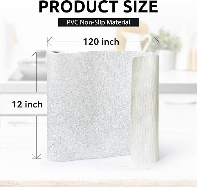 12X120 Inch Shelf Liner with Scissor & Tape Measure for Kitchen Cabinets, PVC Drawer Liner for Dresser Non-Slip Bathroom, Non-Adhesive Cabinet Liner Washable (White)