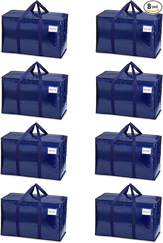 VENO 8 Pack Moving Bags, Heavy Duty, Moving Boxes Alternative, Packing Storage Supplies for Dorm Room Essentials with Zipper for Clothes, Extra Large Totes for Packaging (Blue, 8 Pack)