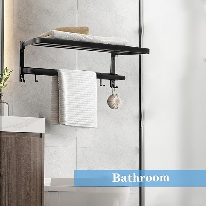 Towel Racks for Bathroom, Foldable Towel Shelf with Towel Bar & 7 Towel Hooks, Rustproof Double Bath Towel Holder Wall Mounted Towel Storage Hanger for Bathroom/Balcony/Lavatory (24in Black)