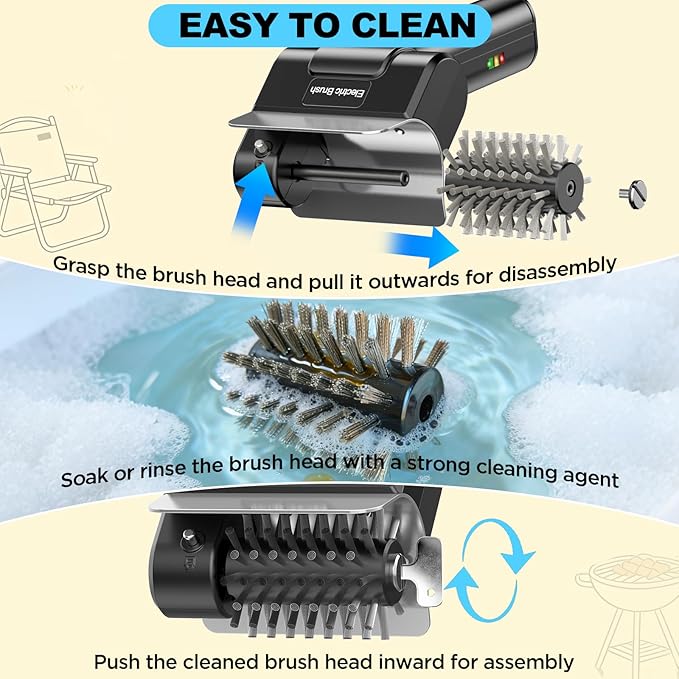 Electric Grill Brush with Dual Safety Lock - Ideal Gift for Men Dad Husband, Professional BBQ Cleaner with Submersible 304 SS Head, Splash-Proof Scrubber for Outdoor Grill (Blue Button)