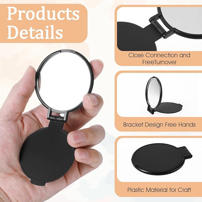 50Pcs Mini Foldable Compact Mirror Bulk Portable Mini Round Makeup Mirror Bulk for Women Men Travel Daily Use Purse Vanity Mirrors (Black)