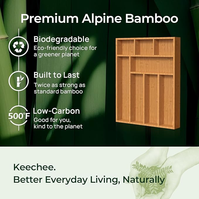 keechee Carbonized Bamboo Kitchen Drawer Organizer, 8 Slots Silverware Organizer, Utensil Holder & Cutlery Tray, 2.2" Deep for Extra Capacity, Non-Slip Feet Included