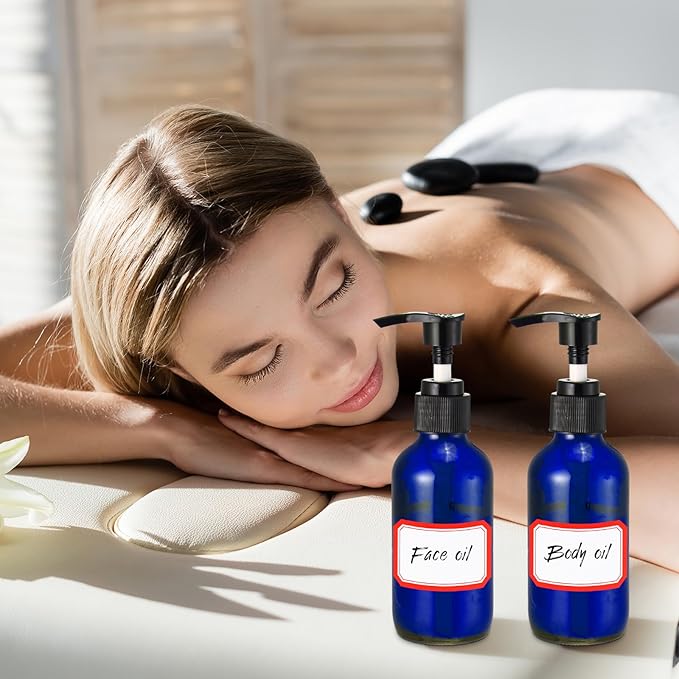 Fumete 2 Pack Glass Bottles 4oz Empty Refillable Liquid Containers with 1 Label 1 Funnel for Essential Oils Hair Travel Plants Cleaning Skin Care(Blue, Black Top,Pump Bottle)