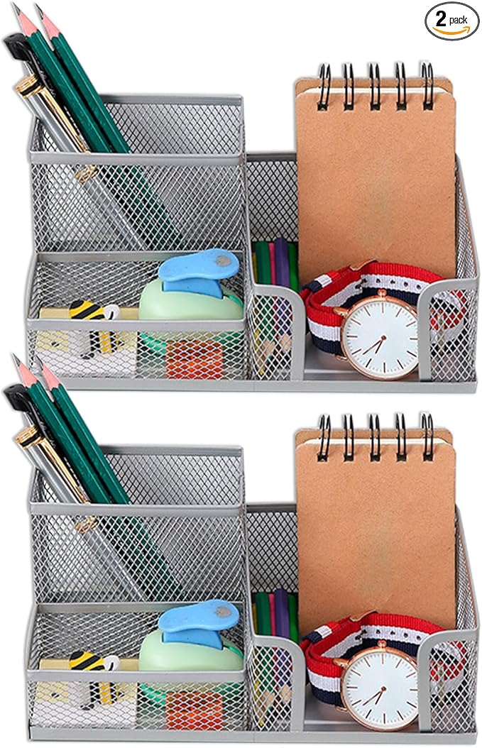2 Pcs Metal Pen Holder for Desk with 3 Compartments, Office Desktop Organizer Pencil Cup Caddy for Stationery Marker Storage School Home Supplies(Black，Silver (Silver)