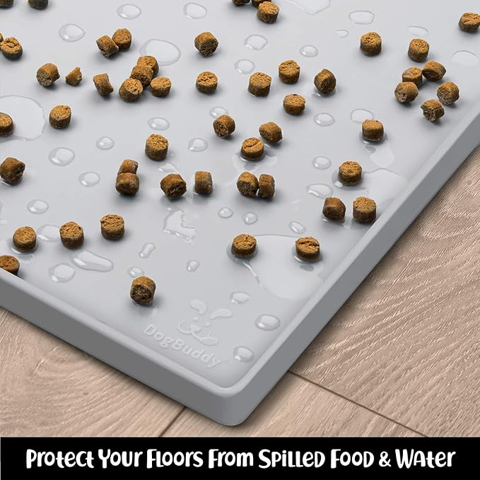 DogBuddy Dog Food Mat – Waterproof Dog Bowl Mat for Food and Water, Silicone Pet Feeding Mats for Floors, Non-Slip Placemat with High Edges for Dogs Bowls, Puppy Essentials (XXL: 32"x24", Mist)