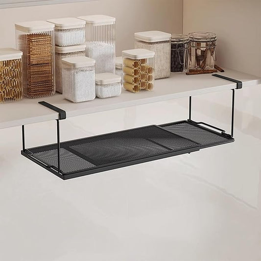 1 Pack Expandable Under Cabinet Shelf, Under Shelf Basket with 0.94 Inches Thick Clips for Kitchen Cupboard, Metal Hanging Under Desk Basket for Laundry Room, Cabinet, Shoe Rack