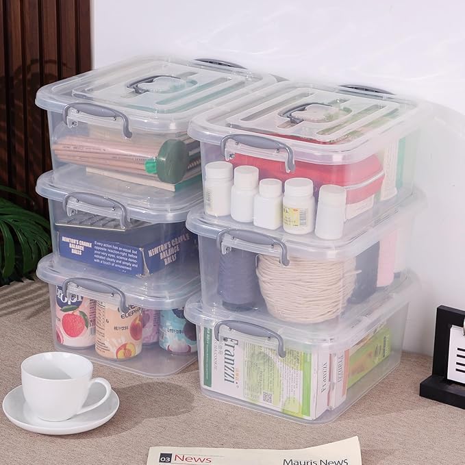 Yesdate Plastic Storage Bins with Lids 2 Pack Storage Organizer, 8 Quart Stackable Storage Bins with Buckle-Up Latches and Handle easy for Home Office Pantry Organization, Clear Lids