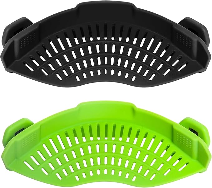 2PACK AUOON Clip on Strainer for All Pots Pans - Silicone Pasta Strainer Kitchen Colander for Draining Noodles Spaghetti Ground Beef Grease｜Easy to Use and Store, Dishwasher Safe (BlackGreen)