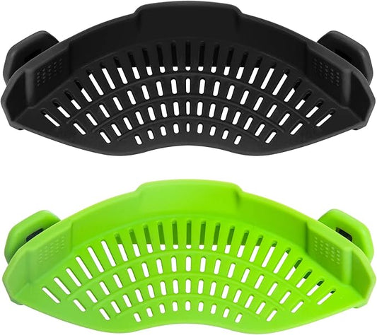 2PACK AUOON Clip on Strainer for All Pots Pans - Silicone Pasta Strainer Kitchen Colander for Draining Noodles Spaghetti Ground Beef Grease｜Easy to Use and Store, Dishwasher Safe (BlackGreen)
