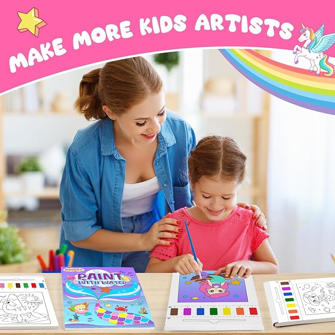 AGGKKY 3 Pack Paint with Water Coloring Books for Kids Toddlers Painting Book Kits Arts and Crafts for Kids Travel Activities Birthday Christmas Stocking Stuffers Toy Gift (Princess+Mermaid+Dino)